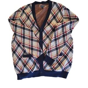 Club Room Mens Plaid V Neck Button Front Cardigan Sweater Large Navy Red Yellow